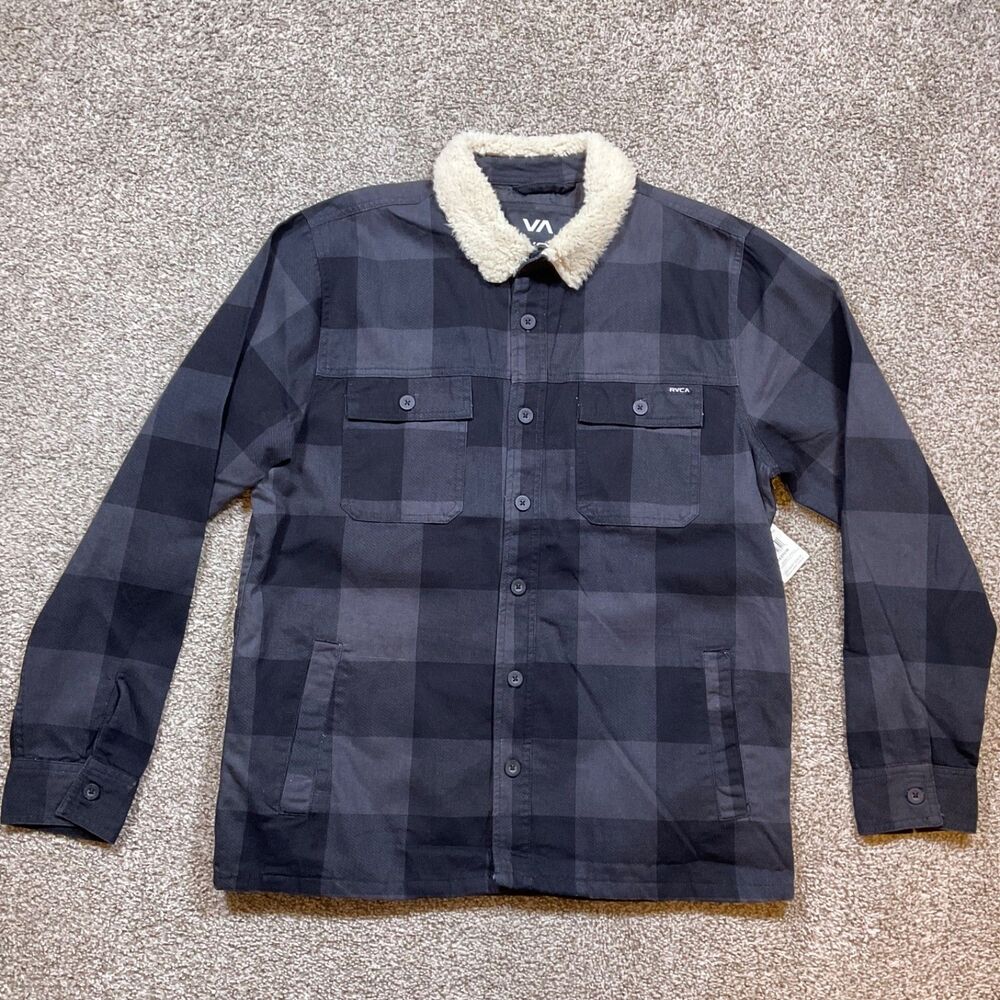 RVCA Mens Black Plaid Range Jacket Shacket Sherpa Collar Lined Size Medium NWT